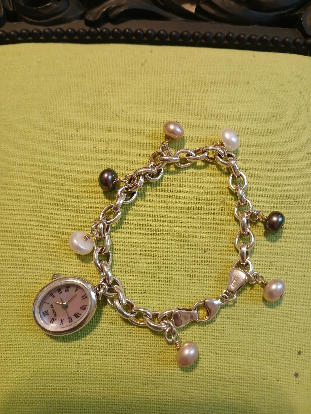Honora Sterling Silver Chain Bracelet Watch with White and Black Pearls